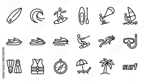 Set of 18 minimalist surfing and water sport line icons featuring surfboard, wave, surfer, paddleboard, kitesurfing, windsurfing, jet ski, scuba diving, snorkel, life vest, and beach elements