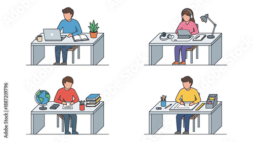 Set of four vector illustrations featuring students studying at desks in a clean geometric style. Scenes include using a laptop, tablet with headphones, writing with a globe, and drawing.