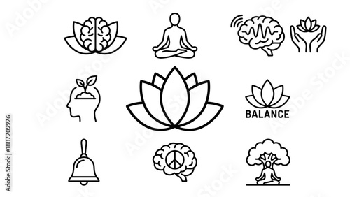 Mental Health and Meditation Icon Set Featuring Lotus Flowers, Brain Symbols, Mindfulness Practices, Yoga Poses, and Peace Elements in a Clean Black Outline Style for Wellness and Zen Design