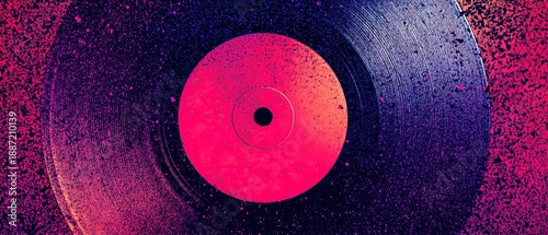 Retro vinyl record with textured neon lighting