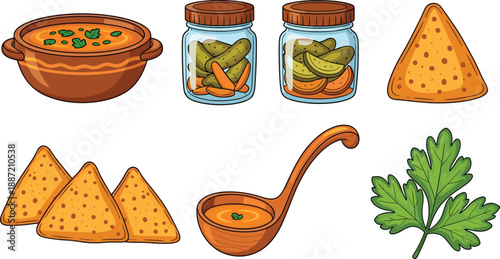 Traditional soup and pickled vegetables icons with crackers and herbs, homemade food elements in colorful flat style for cooking and kitchen illustration