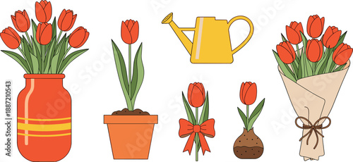 Tulip flower icons set with bouquet vase potted plant bulbs and watering can, spring gardening elements in colorful flat style illustration