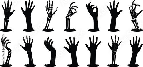 Set of spooky zombie and skeleton hands silhouettes rising from ground in different gestures, isolated black vector collection for Halloween designs, horror posters, decorations