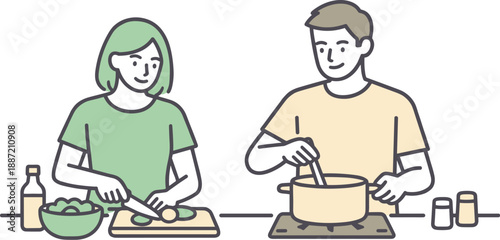 Couple Cooking Together. A couple cooks together in the kitchen, calmly preparing a meal side by side, minimalist flat line vector