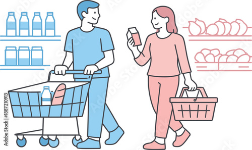 Grocery Shopping Harmony. A man and woman shop for groceries together, walking calmly through a store aisle, minimalist flat line