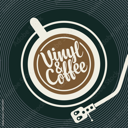 Vector menu, banner, poster or signboard for music cafe with old vinyl record and coffee cup in the center on chocolate background in vintage style with inscription. Music collection. No AI