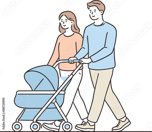 Strolling Family Scene. Two parents walk together pushing a baby stroller, moving calmly during a daily outing, minimalist flat