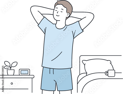 Morning Stretch Routine. A man stretches during his morning routine, standing calmly and loosening his body, minimalist flat line