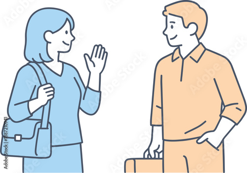 Friendly Work Reunion. Two friends meet after work, standing together and greeting calmly at the end of the day, minimalist flat