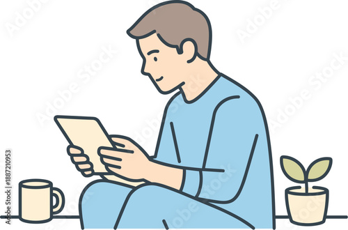 Minimalist Tablet Reading. A man sits reading news on a tablet, focused calmly during a quiet moment, minimalist flat line vector