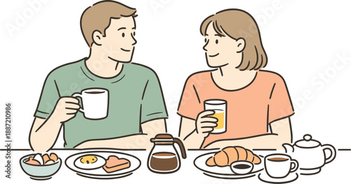 Morning Breakfast Harmony. Two partners enjoying breakfast side by side in the morning, clean flat line illustration showing