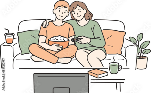 Cozy Movie Night. Two partners enjoying a movie night at home, clean flat line illustration showing comfortable posture and shared