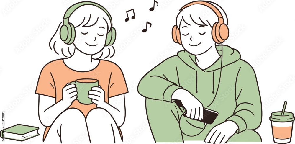 Fototapeta premium Shared Music Moment. Two friends enjoying music through headphones during a quiet break, clean flat line illustration showing calm