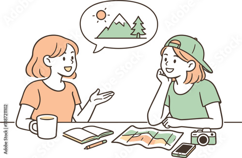 Weekend Travel Chat. Two friends discussing weekend travel plans in a relaxed setting, clean flat line illustration showing casual