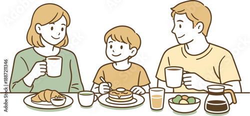 Relaxed Family Breakfast. Family enjoying a relaxed weekend breakfast, two adults and a child seated close with calm smiles and