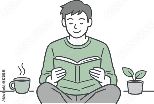 Peaceful Reading Moment. Man enjoying a peaceful reading moment, seated calmly while holding an open book close, clean flat line
