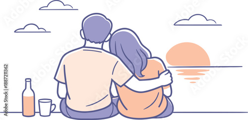 Serene Sunset Companions. Partners enjoying a quiet sunset moment side by side, subtle gestures and calm body language reflecting