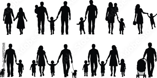 Family silhouettes walking together holding hands, parents and children in everyday scenes, black human figures illustrating parenting, care, love, bonding, and family lifestyle concepts