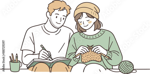 Partners Enjoying Hobbies. Partners spending time on a favorite hobby side by side, gentle focus and easy body language showing