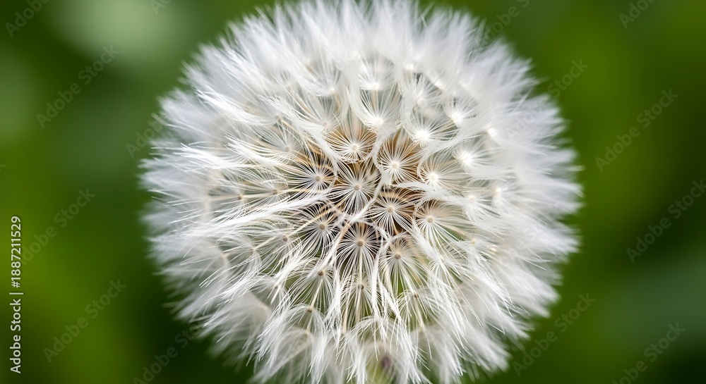 Obraz premium Close-up macro shot of a delicate white dandelion seed head against a blurred green background, showcasing intricate details of nature's beauty