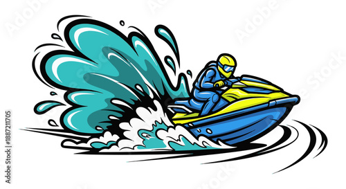 Man riding jet ski with water splash illustration