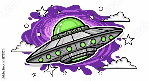 Vibrant cartoon UFO flying through purple galaxy with stars and clouds