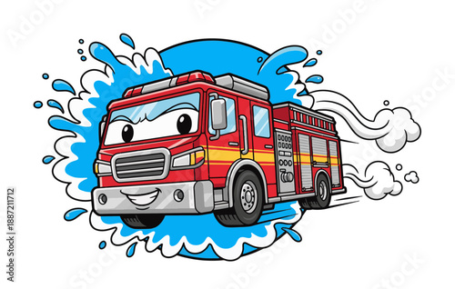 Smiling cartoon fire truck speeding through water splash