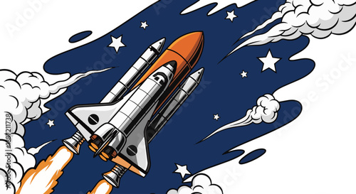 Vibrant cartoon rocket ship soaring through starry night sky with clouds