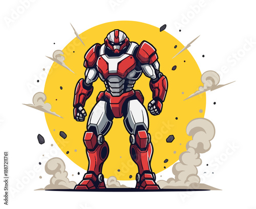 Powerful robot standing strong in dynamic explosion scene