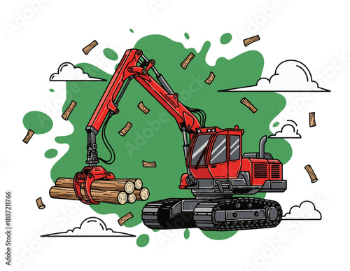 Red excavator collecting logs in forest with green background