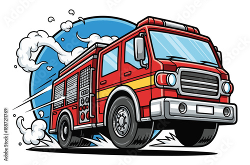 Vibrant cartoon firetruck speeding to the rescue with smoke effects