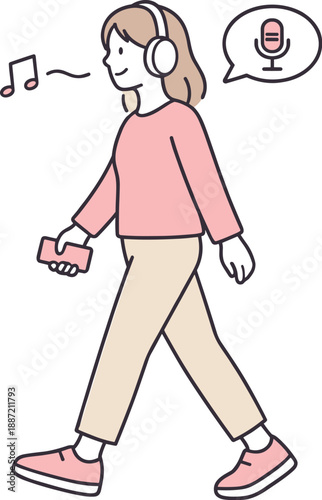 Calm Headphone Walk. Woman walks slowly wearing headphones while listening to a podcast calmly Minimalist flat line vector