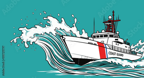 Coast Guard boat sailing through turbulent ocean waves