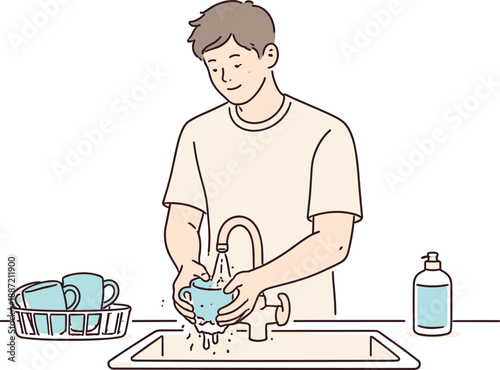 Washing Coffee Cups. Man rinses coffee cups under running water while cleaning them quietly Minimalist flat line vector