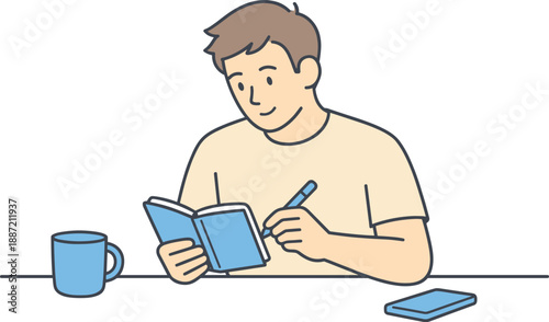 Minimalist Task Management. Man reviews a notebook and writes new tasks on his list quietly Minimalist flat line vector
