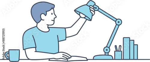 Minimalist Desk Scene. Man sits at a desk reaching up to reposition a desk lamp calmly Minimalist flat line vector illustration,
