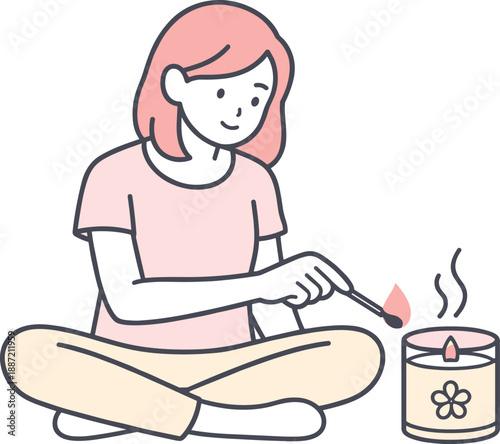 Lighting a Candle. Woman sits quietly striking a match to light a scented candle gently Minimalist flat line vector illustration,