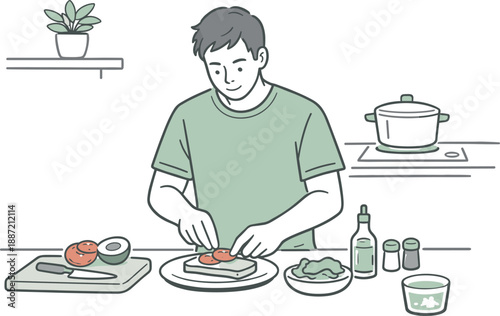 Simple Lunch Preparation. Man making a quick lunch for himself, gentle movements as he prepares a simple meal with focus and ease,