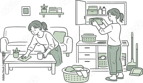 Peaceful Apartment Tidy-Up. Woman tidying her small apartment during a quiet routine, gentle movements as she organizes and cleans