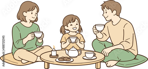 Evening Tea Time. Family enjoying a calm tea time in the evening, two adults and a child seated comfortably with gentle