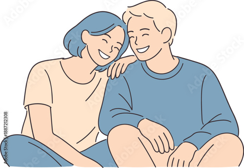 Couple sharing a happy moment together, two partners sitting close and smiling warmly with relaxed posture and joyful expressions