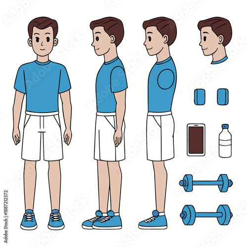 Vector illustration of a young man in various poses with fitness accessories like dumbbells and water bottle