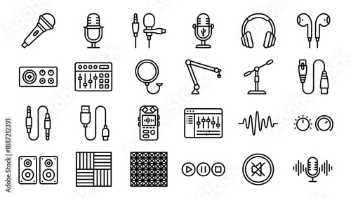 Professional vector icon set of 24 podcasting and audio gear symbols in a minimal monoline outline style. Includes microphones, headphones, mixers, cables, recorders, and studio equipment icons.