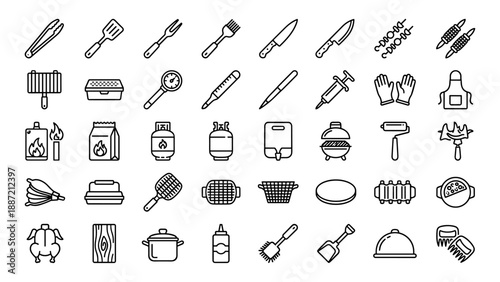 Comprehensive Collection of BBQ and Grilling Tool Icons Featuring Tongs, Spatula, Knives, Thermometer, Charcoal, Gas Tank, Kettle Grill, Apron, and Cooking Accessories in a Clean Outline Vector Style.