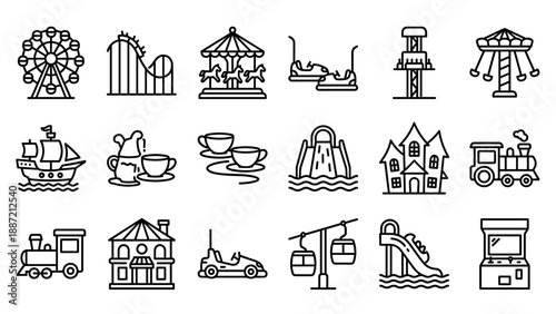 Amusement Park Ride Icon Set Featuring Ferris Wheel, Roller Coaster, Carousel, Bumper Cars, Haunted House, and Water Slides in Minimalist Black Outline Style for Theme Park Design and Graphics.