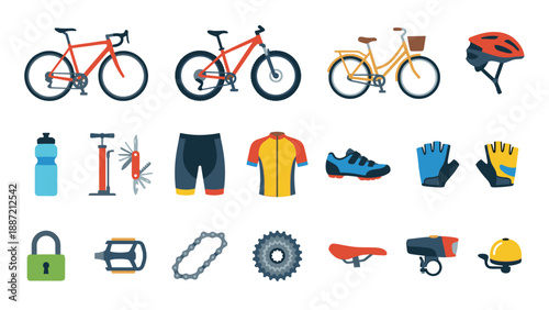 Comprehensive Flat Vector Icon Set of Bicycles and Cycling Gear Featuring Road, Mountain, and City Bikes, Helmet, Apparel, Tools, and Accessories on a Clean White Background for Sport Design.