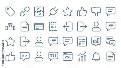 SaaS and Product Management Icon Set Featuring User Feedback, Reviews, and UI/UX Design Elements. Minimalist Outline Icons for Business Analytics, Communication, Account Management, and Web Apps.