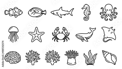 Minimalist Vector Icon Set of Ocean Marine Life and Coral Reef Creatures in Black Outline Style. Features Shark, Whale, Octopus, Seahorse, Jellyfish, Starfish, Crab, Stingray, and Sea Shells.