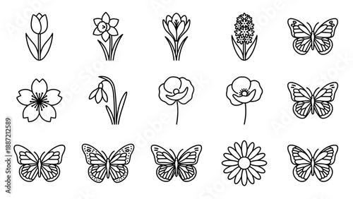 Minimalist Line Art Icon Set of Spring Flowers and Butterflies Featuring Tulip, Daffodil, Crocus, Hyacinth, Cherry Blossom, Snowdrop, Poppy, and Daisy Elements Isolated on White Background