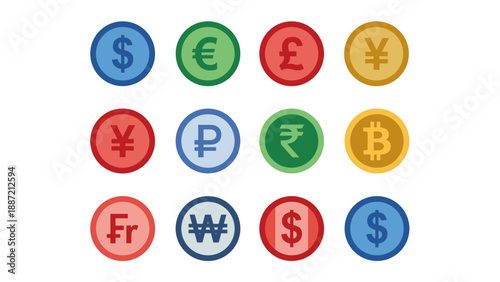 Set of 12 Flat Vector Currency Symbol Icons in a Grid Layout, Including Dollar, Euro, Pound, Yen, Yuan, Bitcoin, Rupee, Ruble, Won, and Franc for Global Finance and Money Exchange Concepts.